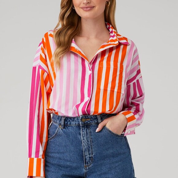 BEACH RIOT Revolve 100% Cotton "Sunset Stripes" Button Down Shirt Coverup Small - Picture 5 of 5